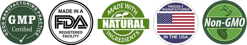 AlkaVitality quality seals: GMP certified, FDA registered facility, natural ingredients, made in USA, non-GMO